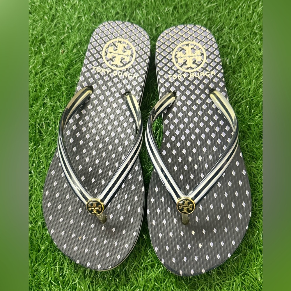Tory Burch Black and Gold Flip Flops Size 5.5/6